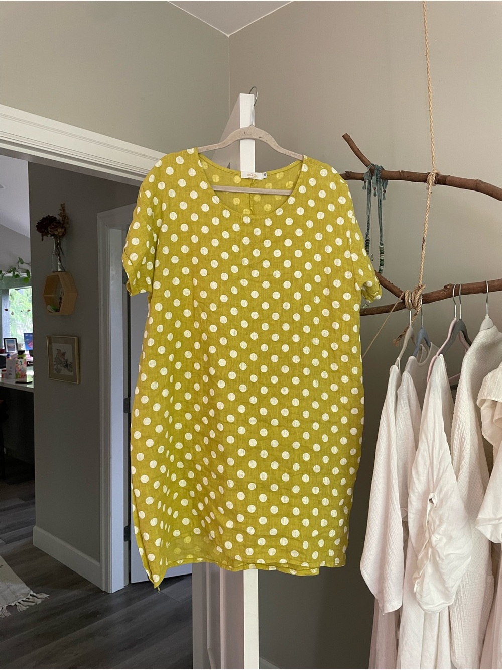 Me and Gee Polka Dot Short Sleeve Linen Dress in Yellow